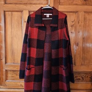 Cozy Max Studio Red and Black Checkered Sweater Coat